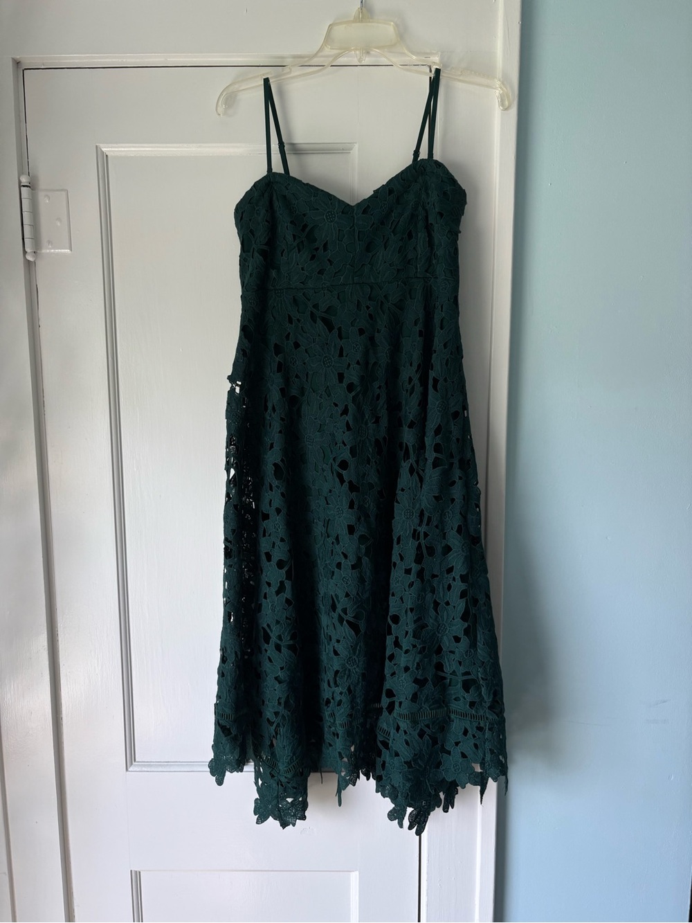 A Pea in the Pod Dark Green Lace Hanky Hem Maternity Midi Cocktail Dress